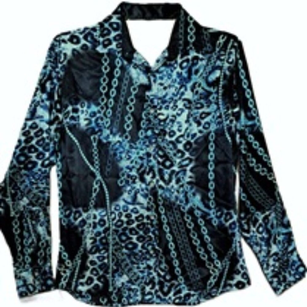 Teal Blue Shiny Leopard Print Disco Shirt M